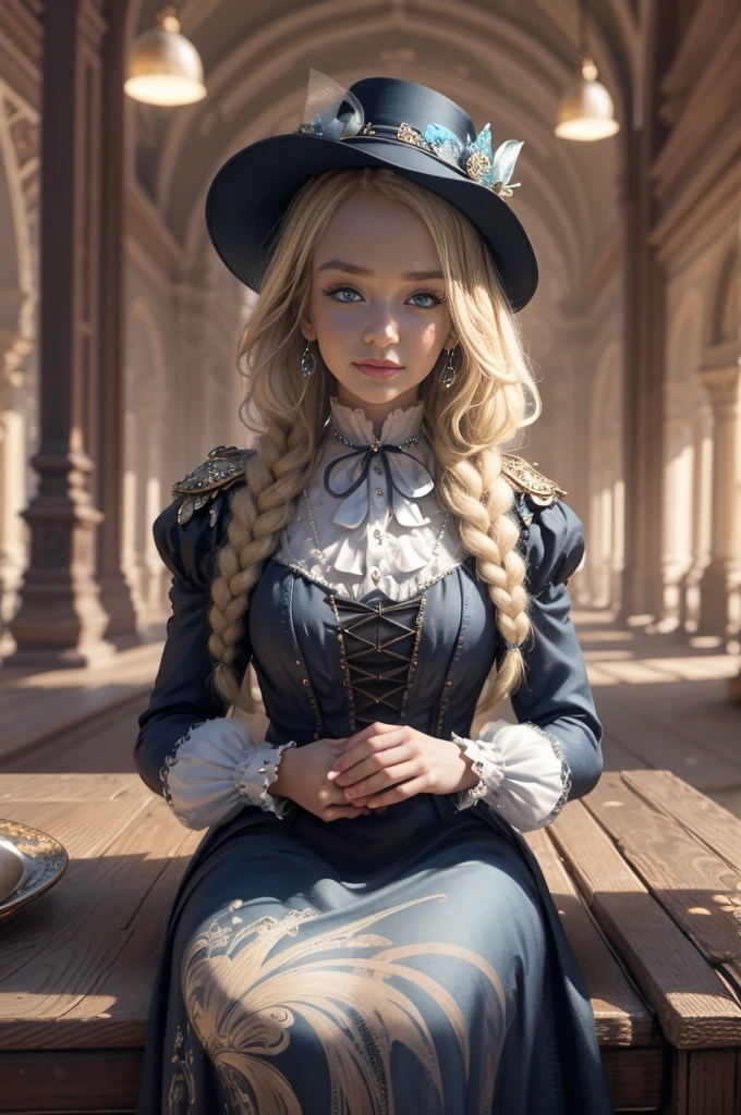 (Masterpiece - Ultra-Detailed, High Resolution) Prepare to be enchanted by a true masterpiece that combines ultra-detailed art with high-resolution rendering. This work shows a mesmerizing girl with long blonde hair (1.3) and captivating light blue eyes (1.2), emanating an aura of elegance and mystery. The intricate details and realistic textures invite you to explore every aspect of this enchanting composition. Girl wearing classic Victorian costumes. NYC (central park) illustration, with a mischievous smile. Get ready to dive into a world where beauty and craftsmanship merge perfectly.