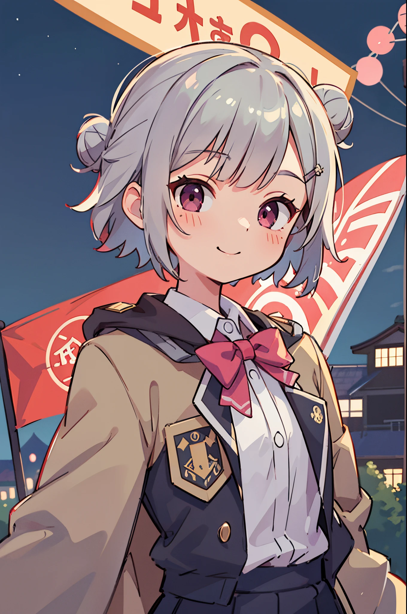 A futuristic world,a perfect illustration of artifical intelliengence,After 5143, 8K, Extremely detailed , flawless,hyperdetailed face,,Eight-headed body, Short hair with silver bob styled in a bun with hair clip, Pink eyes、small tit,Background of the near future,During night combat,Smile,Dress Type,Wear a khaki troop jacket,Japan representative jacket、With flag patch、matrix、blade nana