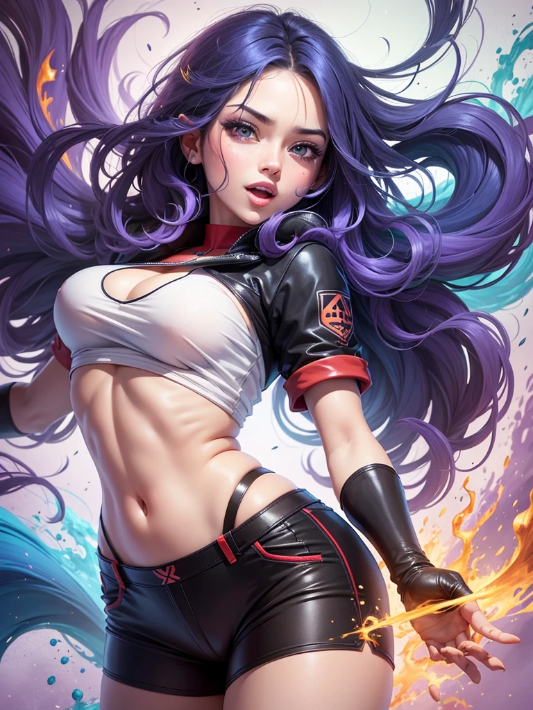 Anime style woman with fire, s face, expressing pleasure, short clothes, symmetrical facial expression body, Random coloring page, 2D, planar vector, Character design, T-shirt design, Colorful splashes, vector art, Fantasy art, watercolor effect,Digital Painting, White BG, 8K --auto --s2