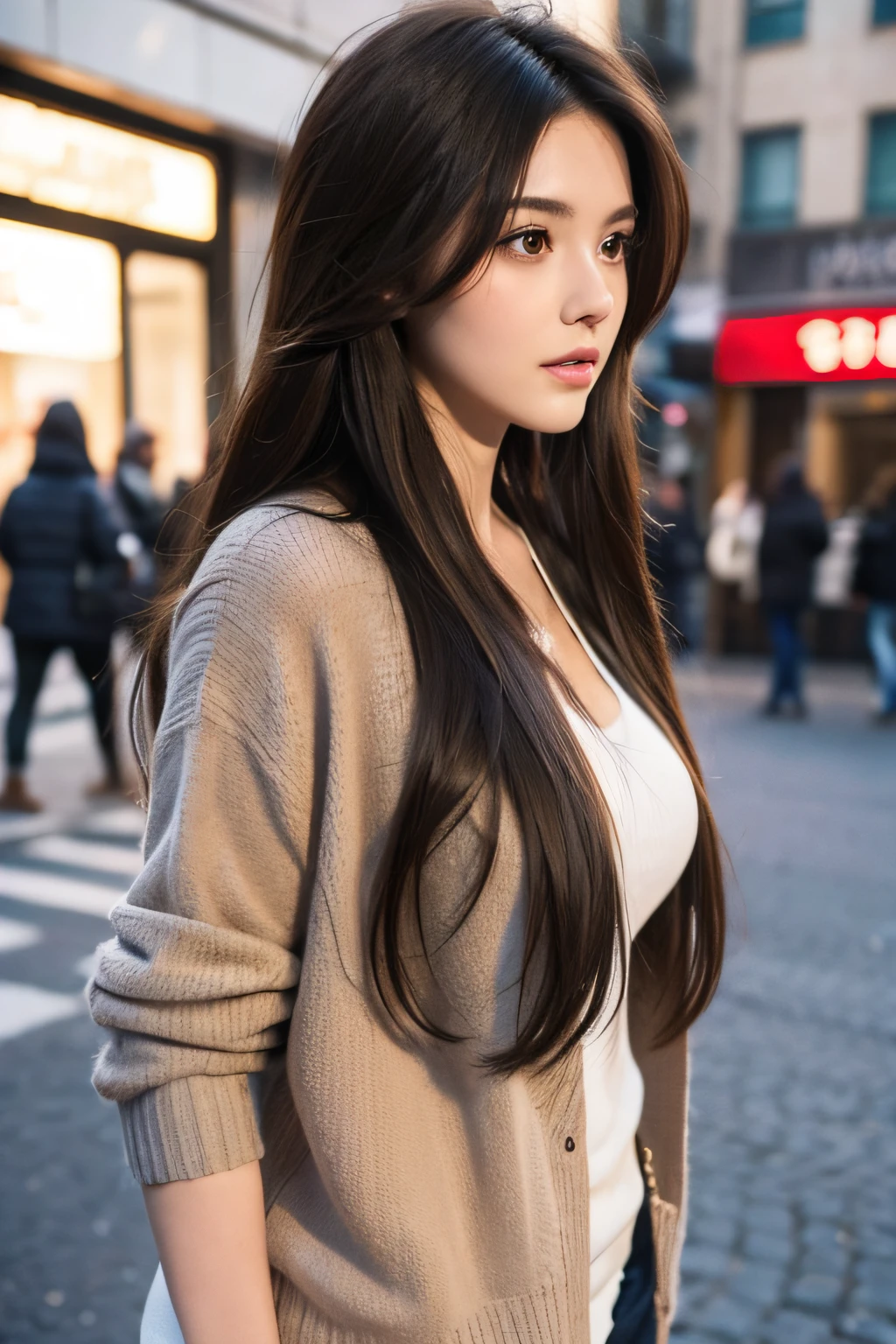 (brunette girl,long hair,in the city,sexy)