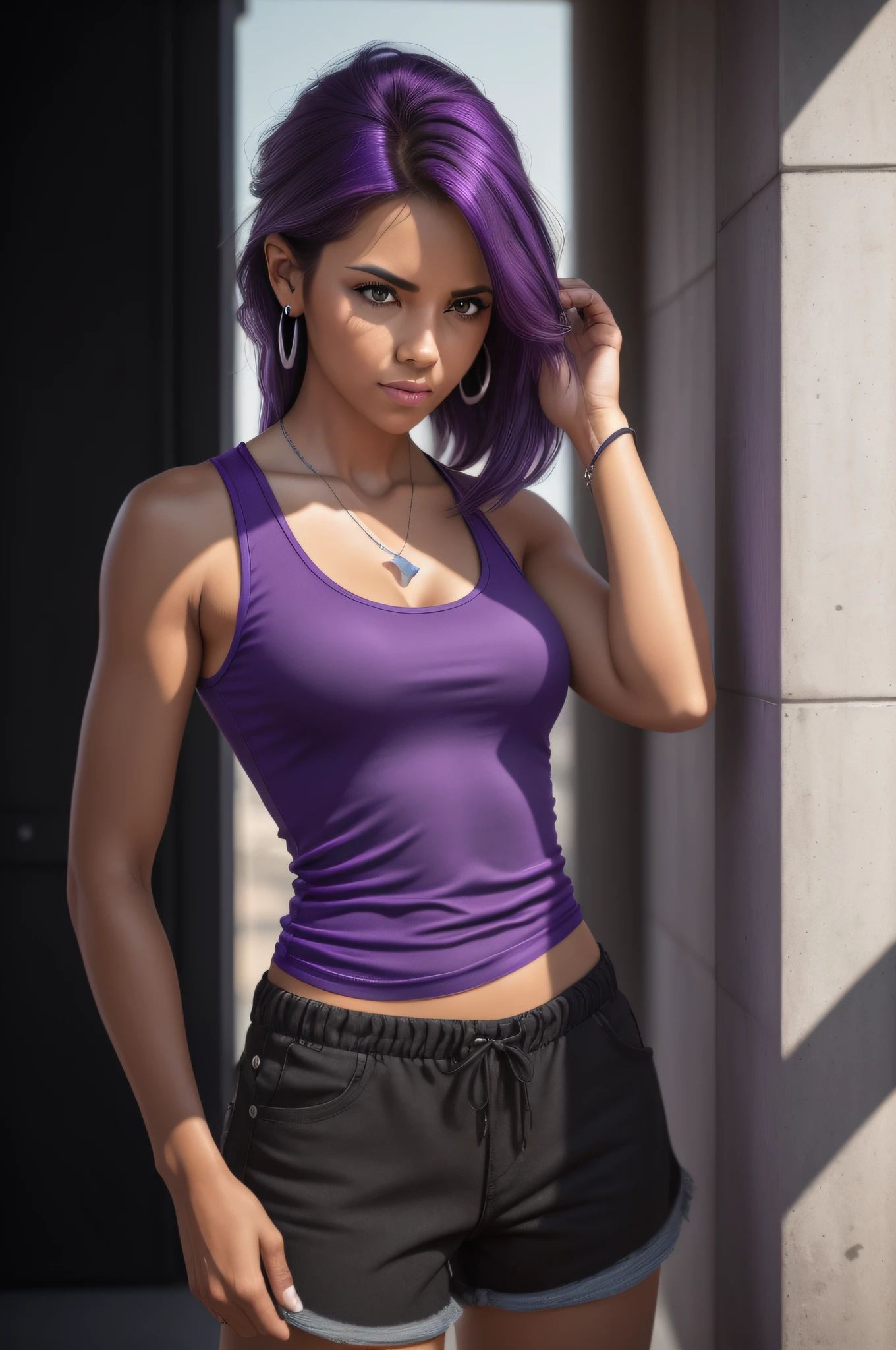 there is a woman in a purple shirt posing for a photo, 40-year-old woman, wearing a purple t-shirt, 40-year-old woman, sweating intensely, tired, half closed, sweating, sweating a lot, sweating 4k, portrait photo, violet tight tank top, profile image , sweaty face, 3/4 solo portrait, suitable photo, black background. She is wearing a vibrant pink-purple sports tank top and mixed shorts (((blue-gray-green-black))), suggesting an active lifestyle or athletic attire for working out. Sharp photo, high quality, high resolution (ultra quality masterpiece), Ultra HD, high contrast, 16K. Masterpiece: 1.3, high resolution, (photographically realistic), NUDE, NUDITY, NFSW.