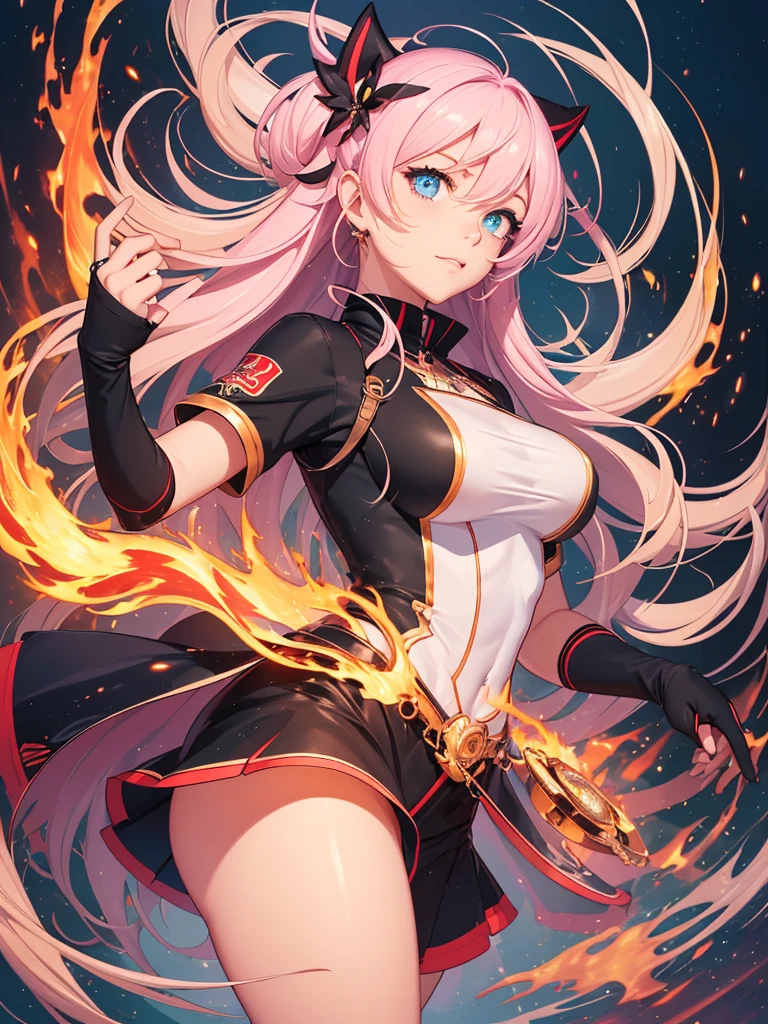 Anime style woman with fire, s face, expressing pleasure, short clothes, symmetrical facial expression body, Random coloring page, 2D, planar vector, Character design, T-shirt design, Colorful splashes, vector art, Fantasy art, watercolor effect,Digital Painting, White BG, 8K --auto --s2