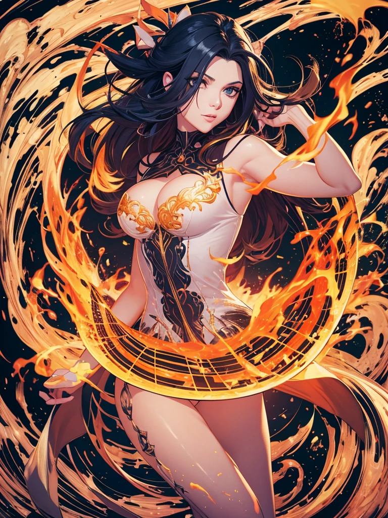 Anime style woman with fire, s face, expressing pleasure, short clothes, symmetrical facial expression body, Random coloring page, 2D, planar vector, Character design, T-shirt design, Colorful splashes, vector art, Fantasy art, watercolor effect,Digital Painting, White BG, 8K --auto --s2