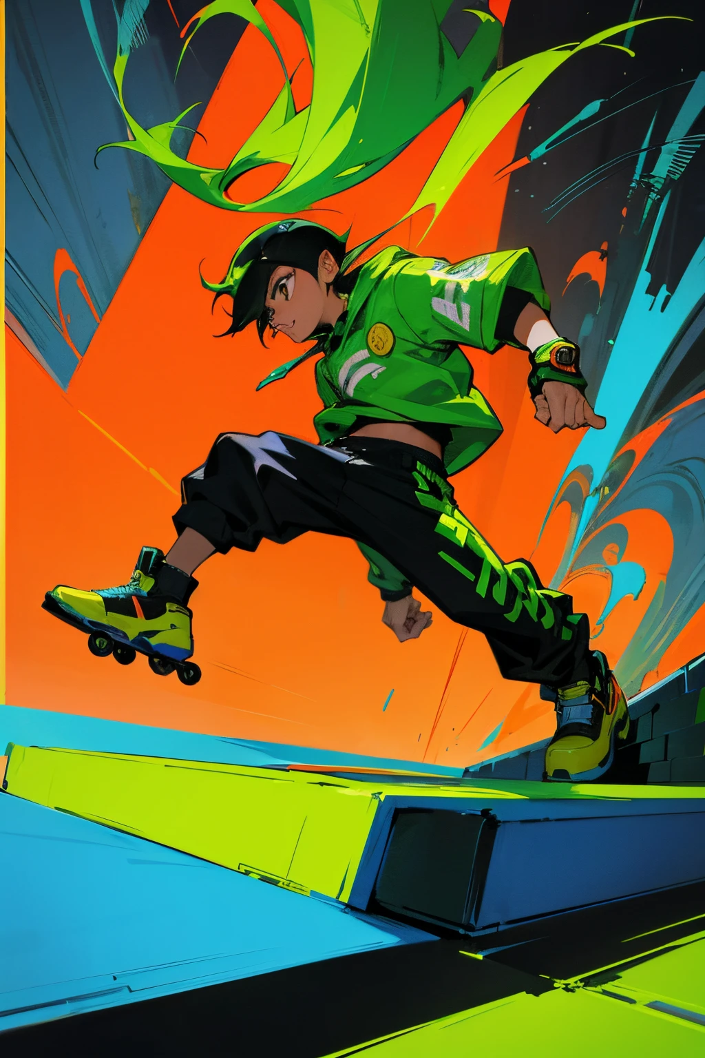 Hand drawn, Bomb Rush Cyberfunk, male character, full body in frame, dynamic pose, retro colors, jet set radio, jumping down stairs, hip hop, background, dripping paint, graffiti can, manga style aesthetic, try to recreate the artwork from the video game (Jet Set Radio Future), rollerblading, cyberpunk, 90's techno hip hop, Ryuta Ueda style art