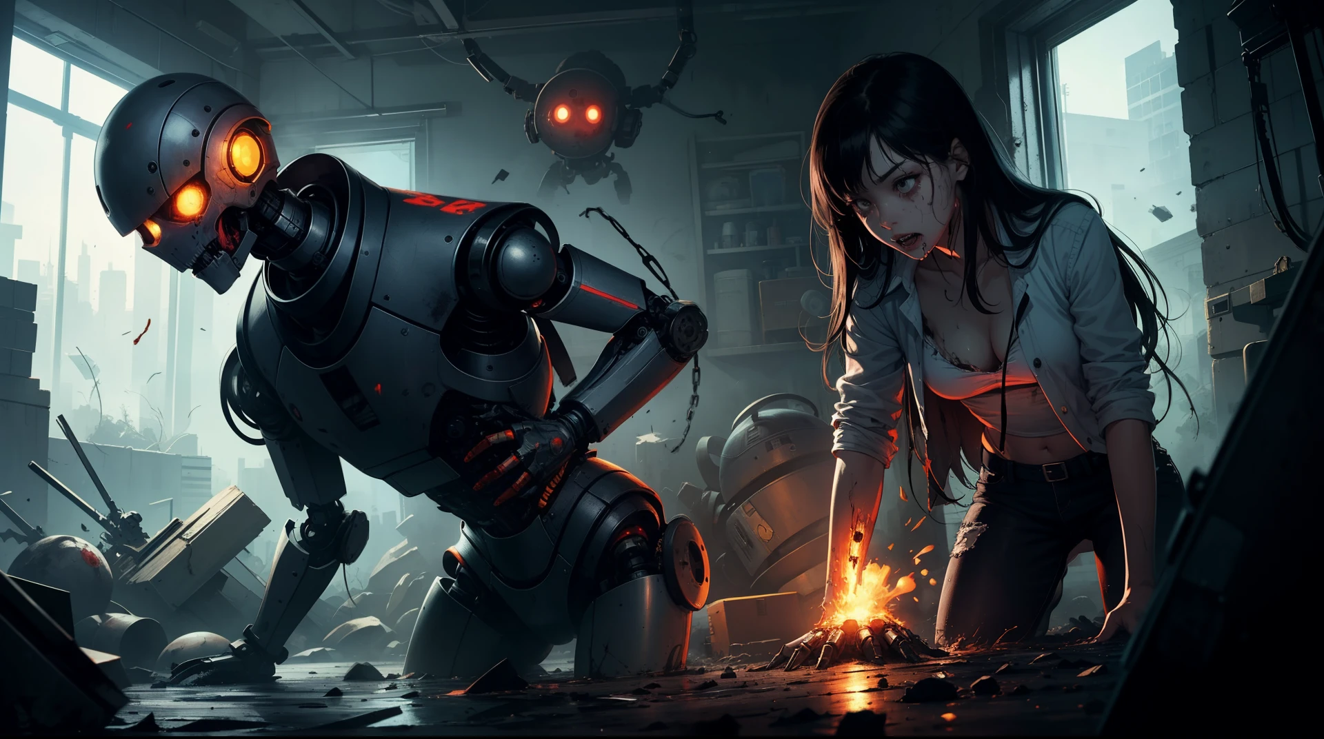 zombie young girl, furiously and greedily tearing the robot&#39;s flesh, tearing it into pieces, stripping the robot&#39;s body parts. postapocalypse.