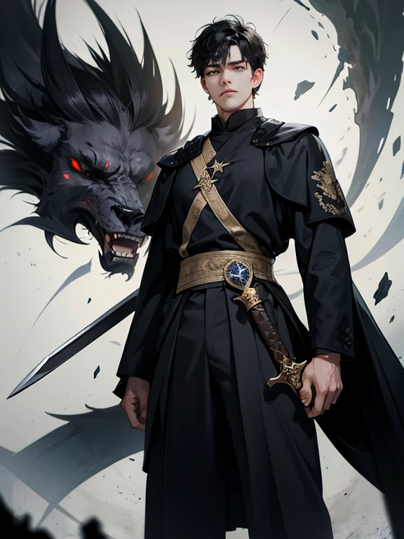 A twenty-year-old man, tall, with untamed black hair, pitch-black eyes, equipped with a two-handed sword