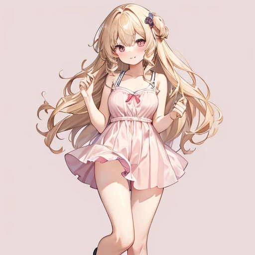 masutepiece, Best Quality, 1womanl, Beige hair:1.5、Wavy long hair、side swept bangs、独奏、Wearing a pink camisole dress、{{one tone background、 Background:1.8}}、full body Esbian、Call girl with a bewitching smile、Provocative、Seductive、