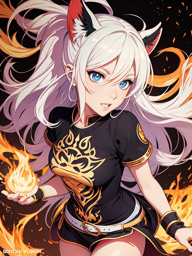 Anime style woman with fire, s face, expressing pleasure, short clothes, symmetrical facial expression body, Random coloring page, 2D, planar vector, Character design, T-shirt design, Colorful splashes, vector art, Fantasy art, watercolor effect,Digital Painting, White BG, 8K --auto --s2