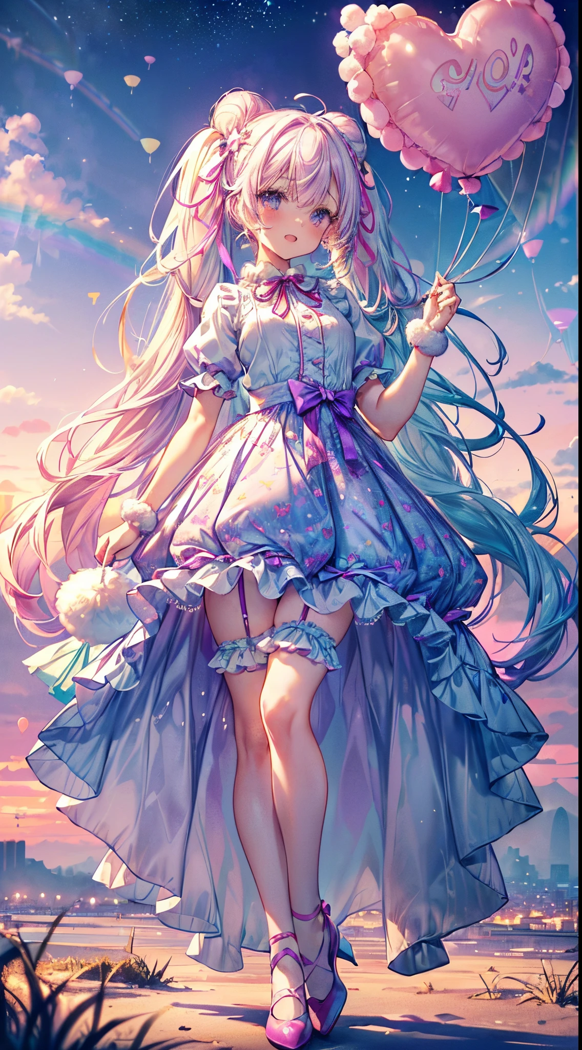 (fullllbody, Legs and shoes are visible: 1.2)) Expressive eyes, 1girl in, pale skin, Long hair, wind blown hair, ((absurdly long hair)), long sidelocks, Princess bangs, Hair fringe, Hair bun, ((very long twintails)), Iridescent hair, Light pink hair, Blushing, Full face blush, Big shining pastel purple eyes, (Gradient Eyes), Smile with open mouth, Cute Pose, ((holding balloons : 1.3))
((Cute and pastel fashion)) ((🦄🎠🎈🎉 theme : 1.4)) Flowing pastel dresses, ((Dreamy colorful open dress floating ribbon), Lavender ruffles, Pink ruffles, (Light blue lace), Detached short sleeves, Puffy skirt, ((Rainbow and star printed skirt : 1.3)), Lolita skirt, Purple bow, ((Pom Pom Ribbon Hair Ornament : 1.4)), Multiple bows, Striped Lace Stockings, (Heart-shaped leg garter), Cute (Pastel purple) shoes ((Highly detailed clothes and fashion)) looking at you, Vintage Girl, Blushing, (Beautifully detailed eyes Highly detailed CG uniform 8K wallpaper) (Best Shadow), ((extremely delicate and beautiful)), (Detailed light), ((depth of fields)) Big head, Big sparkling eyes, Moe, Splash Art, Cinematic lighting, Frontal view, volumetric lighting maximalism photo illustration 64k resolution high resolution intricately detailed complex keys visuals precise linear
((Dreamy pastel sky background, Surrounded by sunset clouds, shooting stars, Castle in the clouds)) ((Ultra-detailed landscapes, Foggy clouds, Hung by balloons, inner strength : 1.3))