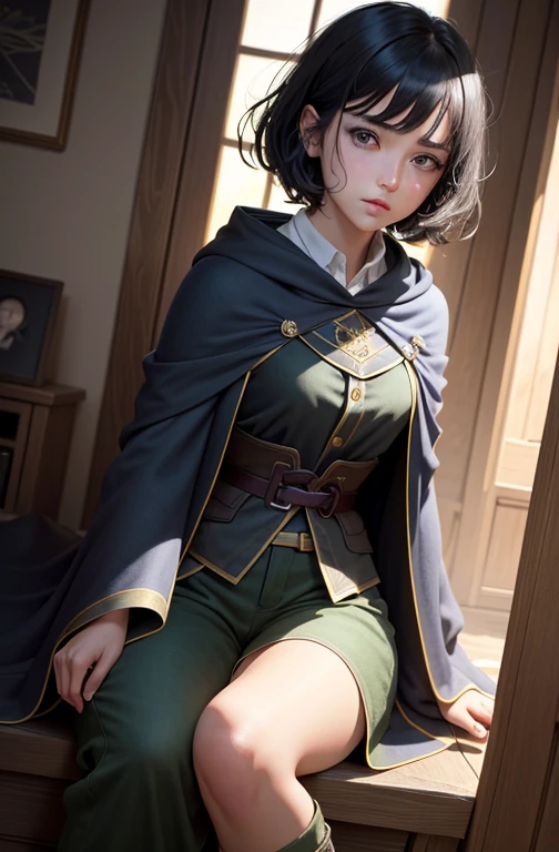 1girl, short black hair,(hufflepuff House Cloak),( inner cloak gray :1), (outer cloack black:1),blue eyes, looking at viewer, solo, face only ,light green pants, black boots(masterpiece:1.4),(best quality:1.4),red lips,parted lips, Japanase meadevil castle:1,dramatic, watching a battle, shadows,extremely_beautiful_detailed_anime_face_and_eyes,an extremely delicate and beautiful,dynamic angle, backlighting,Watercolor, Ink, epic,keyhole shape,keyhole perspective,bird's eye view