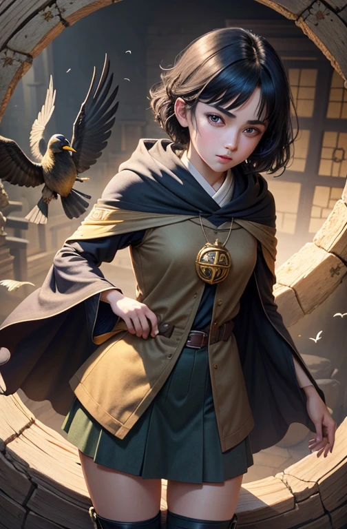 1girl, short black hair,(hufflepuff House Cloak),( inner cloak gray :1), (outer cloack black:1),blue eyes, looking at viewer, solo, face only ,light green pants, black boots(masterpiece:1.4),(best quality:1.4),red lips,parted lips, Japanase meadevil castle:1,dramatic, watching a battle, shadows,extremely_beautiful_detailed_anime_face_and_eyes,an extremely delicate and beautiful,dynamic angle, backlighting,Watercolor, Ink, epic,keyhole shape,keyhole perspective,bird's eye view