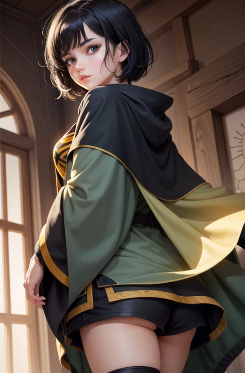1girl, short black hair,(hufflepuff House Cloak),( inner cloak gray :1), (outer cloack black:1),blue eyes, looking at viewer, solo, face only ,light green pants, black boots(masterpiece:1.4),(best quality:1.4),red lips,parted lips, Japanase meadevil castle:1,dramatic, watching a battle, shadows,extremely_beautiful_detailed_anime_face_and_eyes,an extremely delicate and beautiful,dynamic angle, backlighting,Watercolor, Ink, epic,keyhole shape,keyhole perspective,bird's eye view