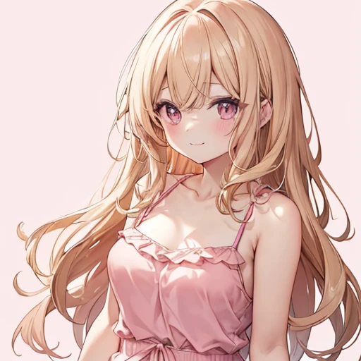 masutepiece, Best Quality, 1womanl, Beige hair:1.5、Wavy long hair、side swept bangs、独奏、Wearing a pink camisole dress、{{one tone background、 Background:1.8}}、full body Esbian、bulging chest、Call girl with a bewitching smile、