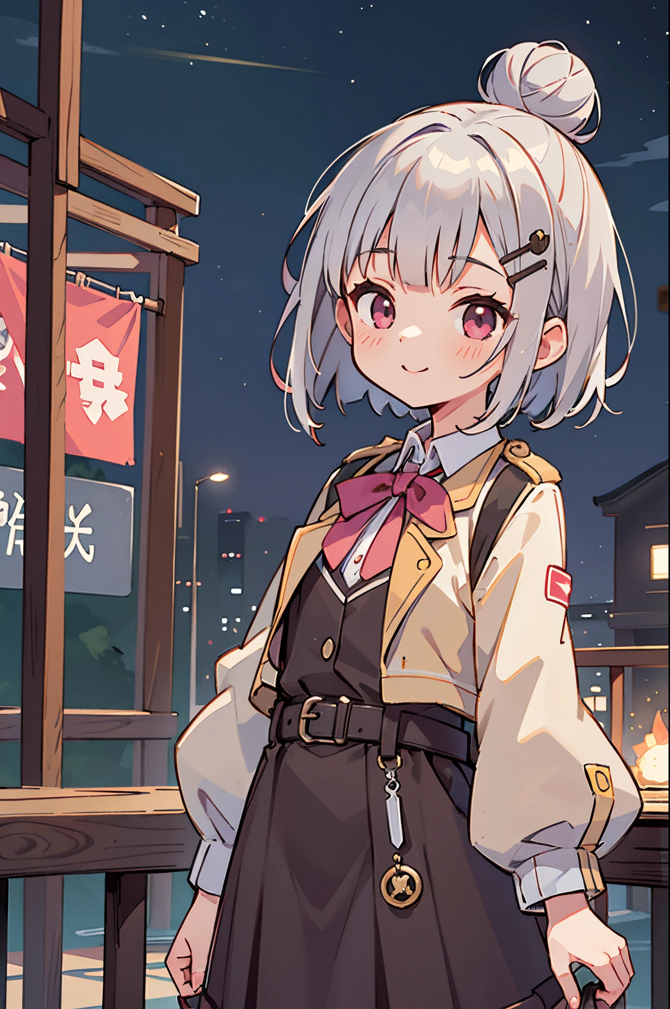 A futuristic world,a perfect illustration of artifical intelliengence,After 5143, 8K, Extremely detailed , flawless,hyperdetailed face,16-year-old girl,Eight-headed body, Short hair with silver bob styled in a bun with hair clip, Pink eyes、small tit,Background of the near future,During night combat,Smile,Dress Type,Wear a khaki troop jacket,Japan representative jacket、With flag patch、matrix、blade nana