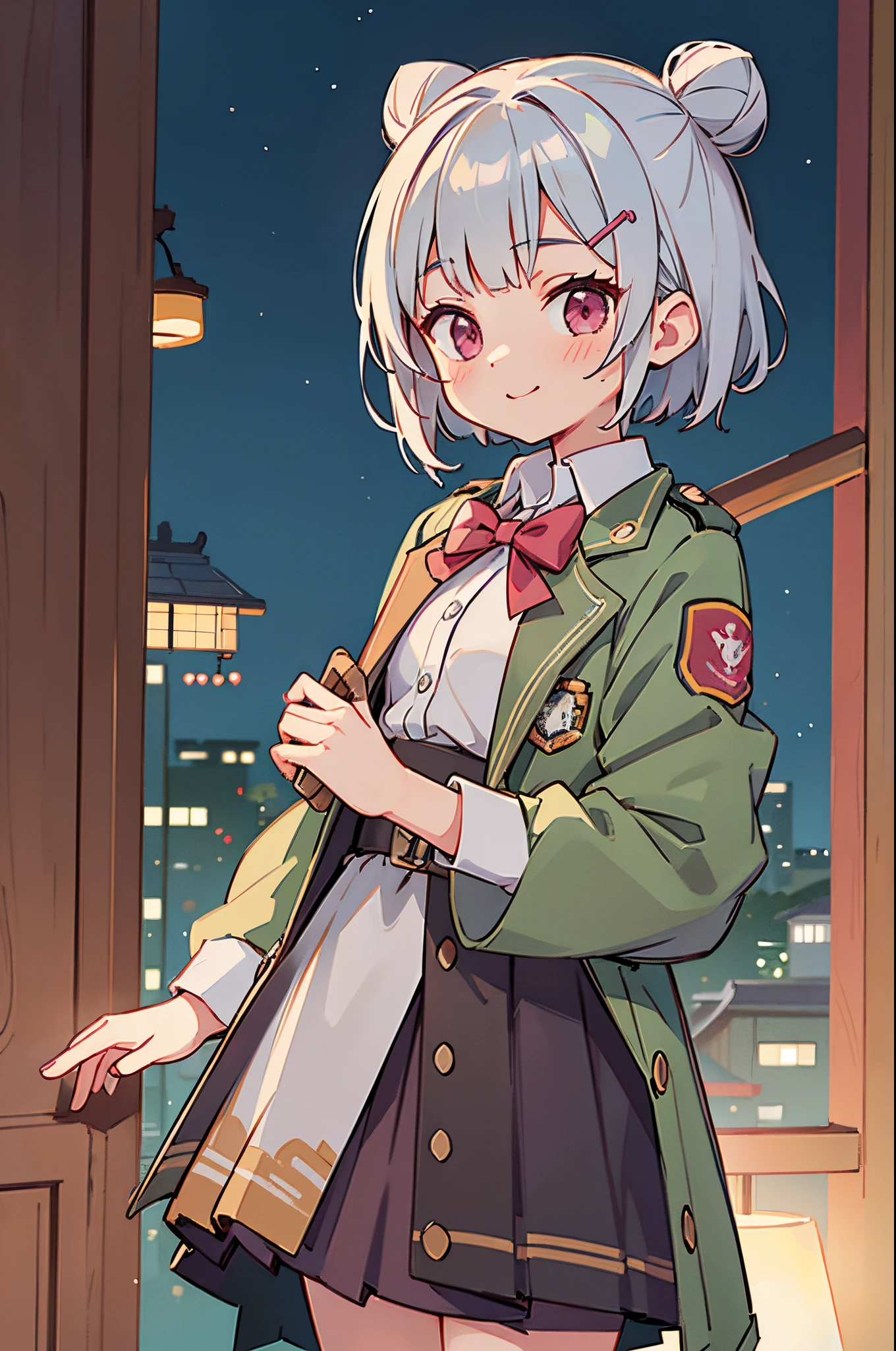 A futuristic world,a perfect illustration of artifical intelliengence,After 5143, 8K, Extremely detailed , flawless，hyperdetailed face，16-year-old girl，Eight-headed body， Short hair with silver bob styled in a bun with hair clip, Pink eyes、small tit，Background of the near future，During night combat，Smile，Dress Type，Wear a khaki troop jacket,Japan representative jacket、With flag patch、matrix、blade nana