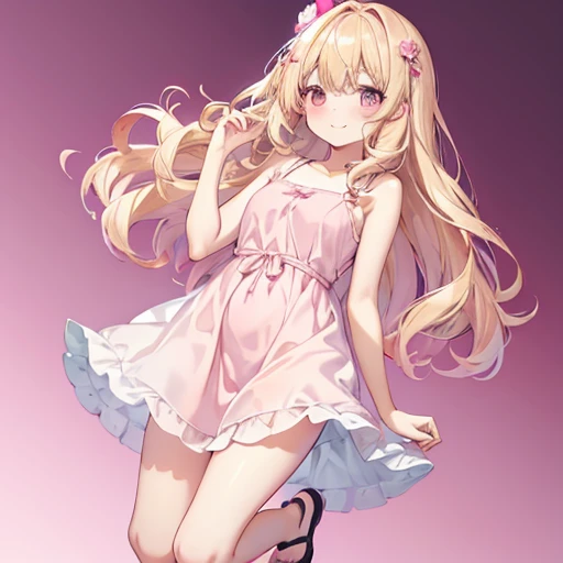 masutepiece, Best Quality, 1womanl, Beige hair:1.5、Wavy long hair、side swept bangs、独奏、Wearing a pink camisole dress、{{one tone background、 Background:1.8}}、full body Esbian、bulging chest、Call girl with a bewitching smile、