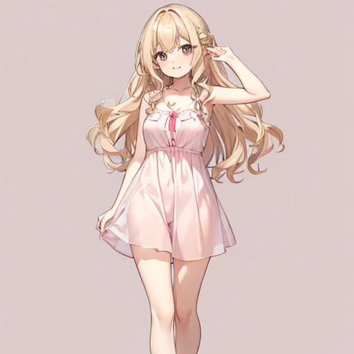 masutepiece, Best Quality, 1womanl, Beige hair:1.5、Wavy long hair、side swept bangs、独奏、Wearing a pink camisole dress、{{one tone background、 Background:1.8}}、full body Esbian、bulging breasts、Call girl with a bewitching smile、