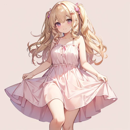 masutepiece, Best Quality, 1womanl, Beige hair:1.5、Wavy long hair、side swept bangs、独奏、Wearing a pink camisole dress、{{one tone background、 Background:1.8}}、full body Esbian、bulging breasts、Call girl with a bewitching smile、