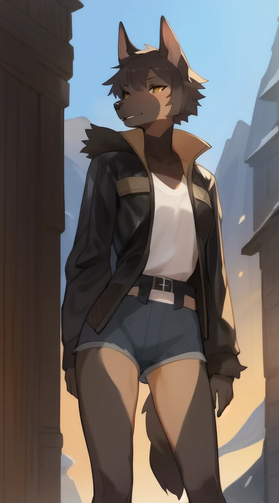 独奏, (A girl:1.2), , eye liner, lips, Short shorts, long-sleeved jacket, Adventure clothing, DND, Author: Bebebebebe, Belgian Shepherd Groenendael, black fur color, Fluffy, Black lip gloss, Short Hair Hair, small waist, wide hips, Slim, the perfect body, dominant posture
