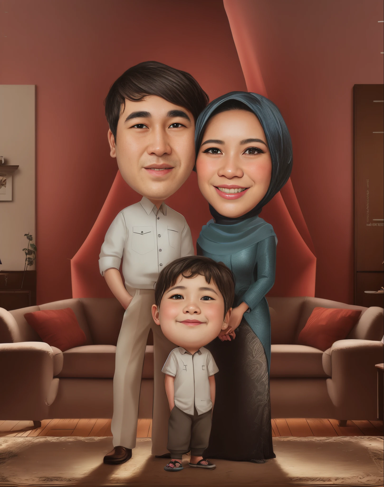 cartoon family portrait of a man, woman and child in a living room, Mother wears a hijab and beautiful shoes, an indonesian family portrait, caricature style, happy family, in cartoon style, barong family, husband wife and son, caricature illustration, potrait, family, family portrait, classic portrait, caricature, full protrait, cartoon portrait, by Abidin Dino, portrait of family of three
