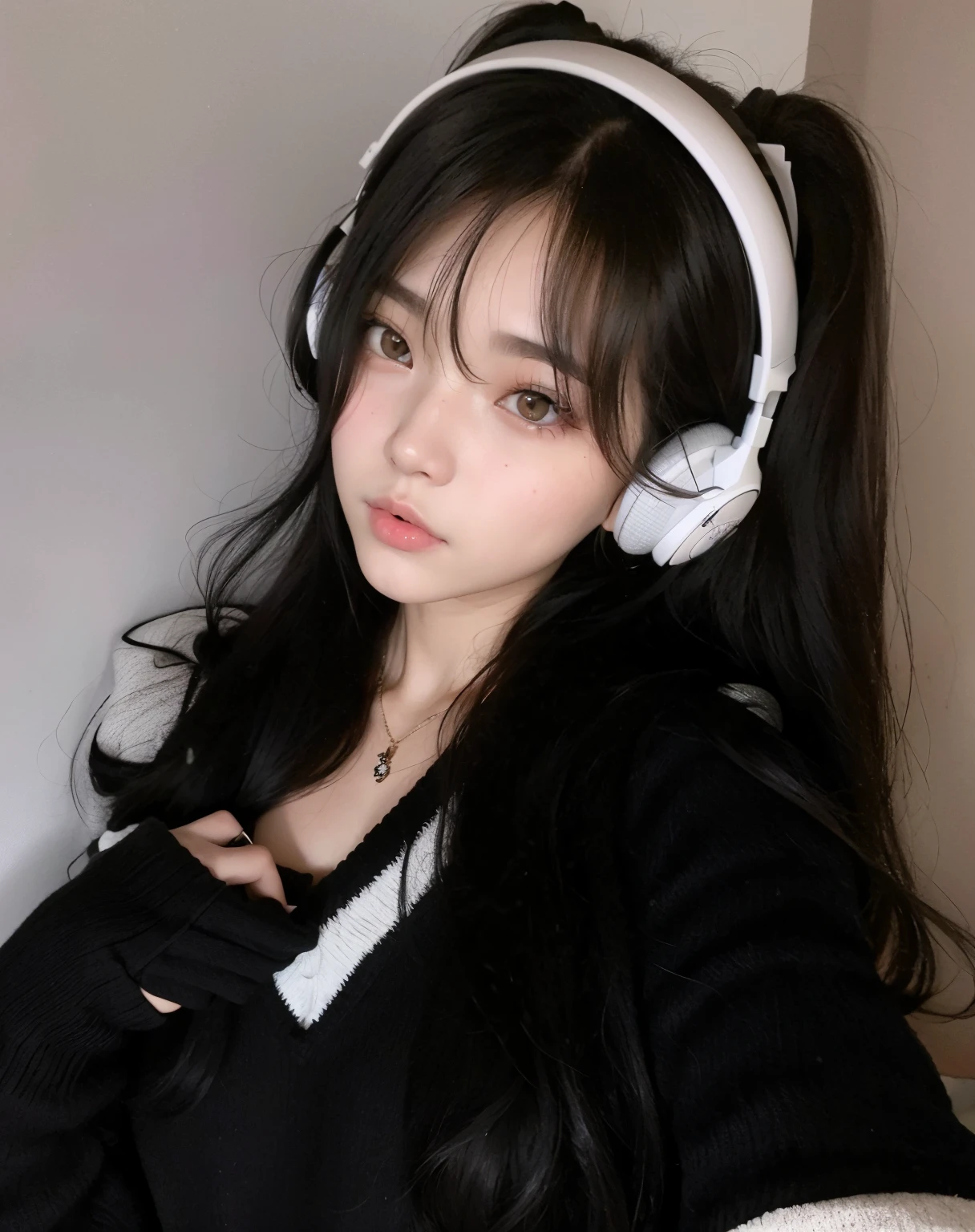 A closeup of a person wearing headphones and a sweater;, Ulzzang, cruel korean goth girl, menina coreana, com fones de ouvido, com fones de ouvido, wan adorable korean face, goth girl aesthetic, Menina anime na vida real, Mulher sul-coreana bonita, muito bonita gatinha fofa, menina bonito-fino-cara, anime vibes, Ela tem cabelo preto com franja