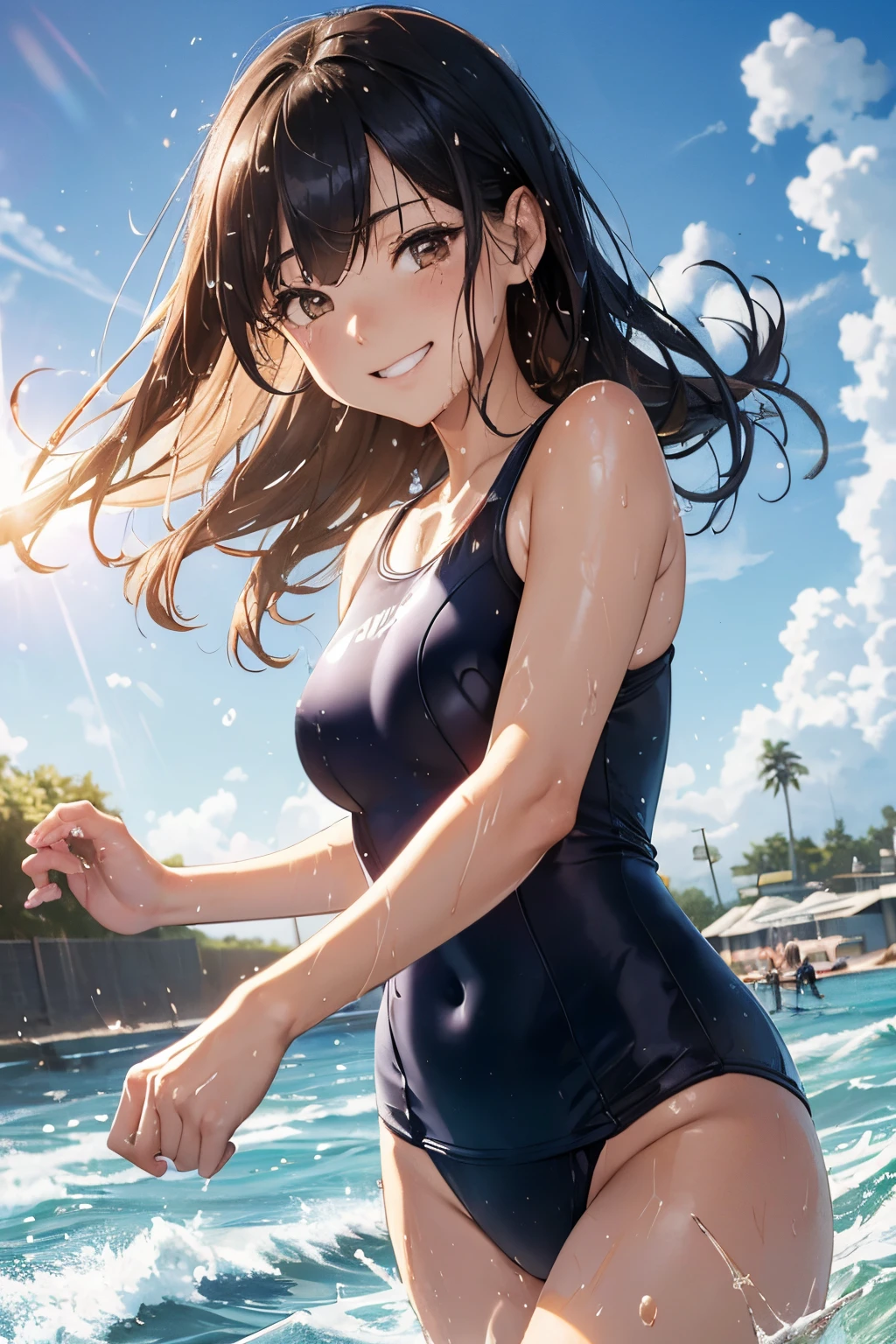 (masutepiece:1.2), (Best Quality:1.2), beautiful artwork，(Extreme detail CG Unity)， (8K Wallpaper)、​(exquisite lighting and shadow)、(highly dramatic picture)、(cinematic lens effects)、 r girl running on the sandy beach，(School swim wear), 1girl in, (School Swimsuit:1.3), Solo, onepiece swimsuit, Outdoors, Long hair, Wet, Covered navel, skyporn, Water, Black hair, (A big smile:1.2)， (Brown eyes), day, Small breasts, Bangs, Sunlight, Through the thighs, Navy blue one-piece swimsuit，(Wet:1.1)，(straggling hair:1.2)， (The swimsuit is wet)，(Strong sunshine)，(Lens Flare:1.1)，(Tsurime:1.1)，(Sweat)，(Running:1.2)，,Navy blue school swimsuit，(open hand:1.1)，