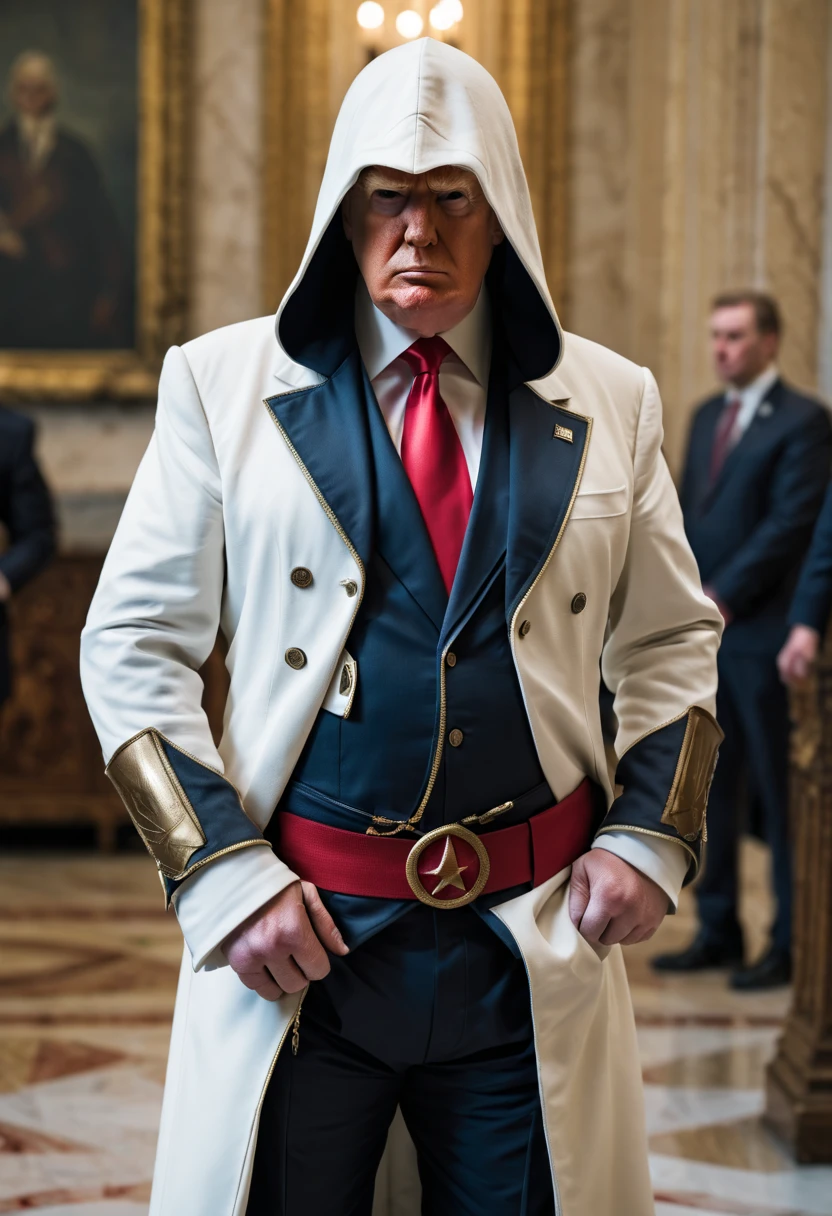 donald trump wearing an assassin's creed suit.