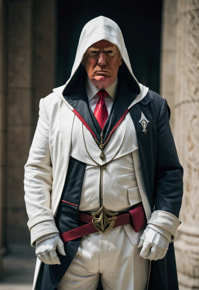 donald trump wearing an assassin's creed suit.