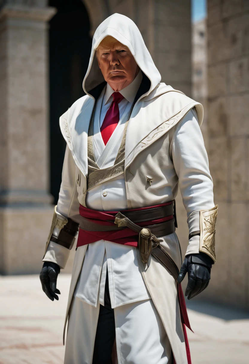 donald trump wearing an assassin's creed suit.