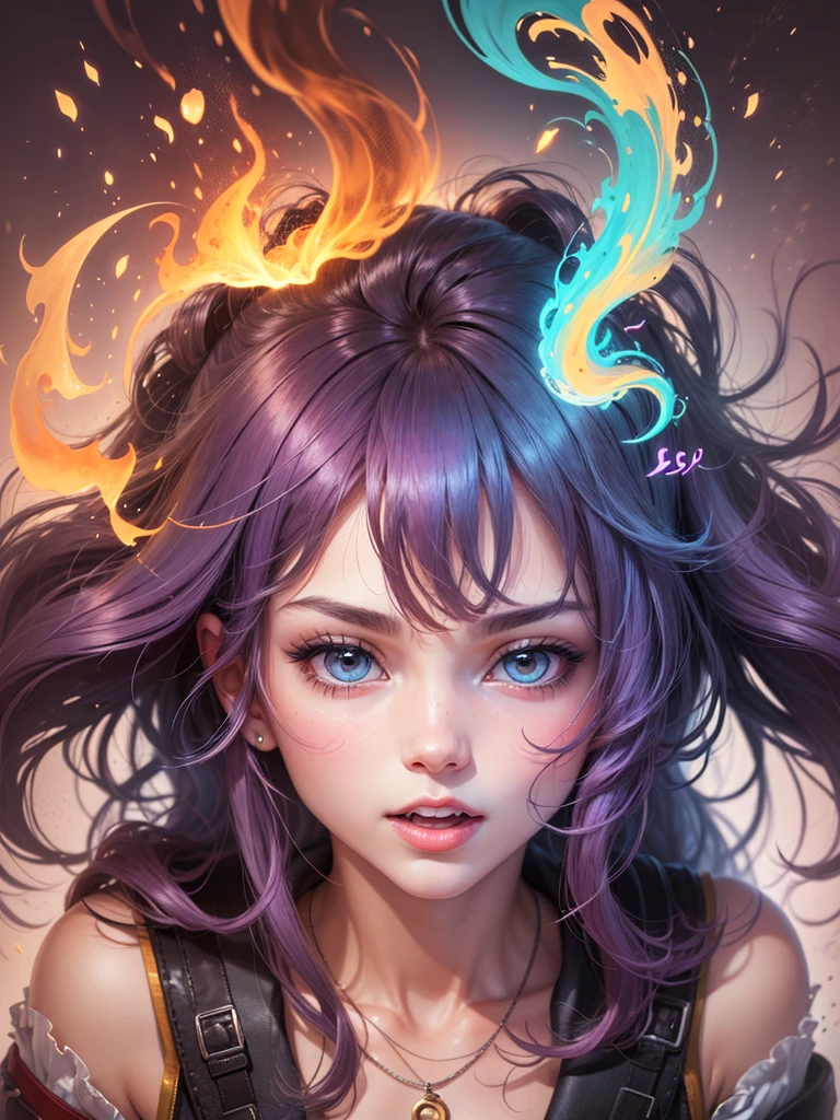 Anime style woman with fire, s face, expressing pleasure, short clothes, symmetrical facial expression body, Random coloring page, 2D, planar vector, Character design, T-shirt design, Colorful splashes, vector art, Fantasy art, watercolor effect,Digital Painting, White BG, 8K --auto --s2