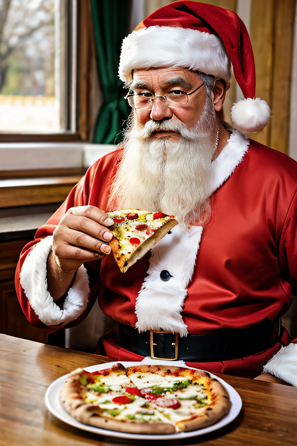 Santa Claus eating a piece of pizza