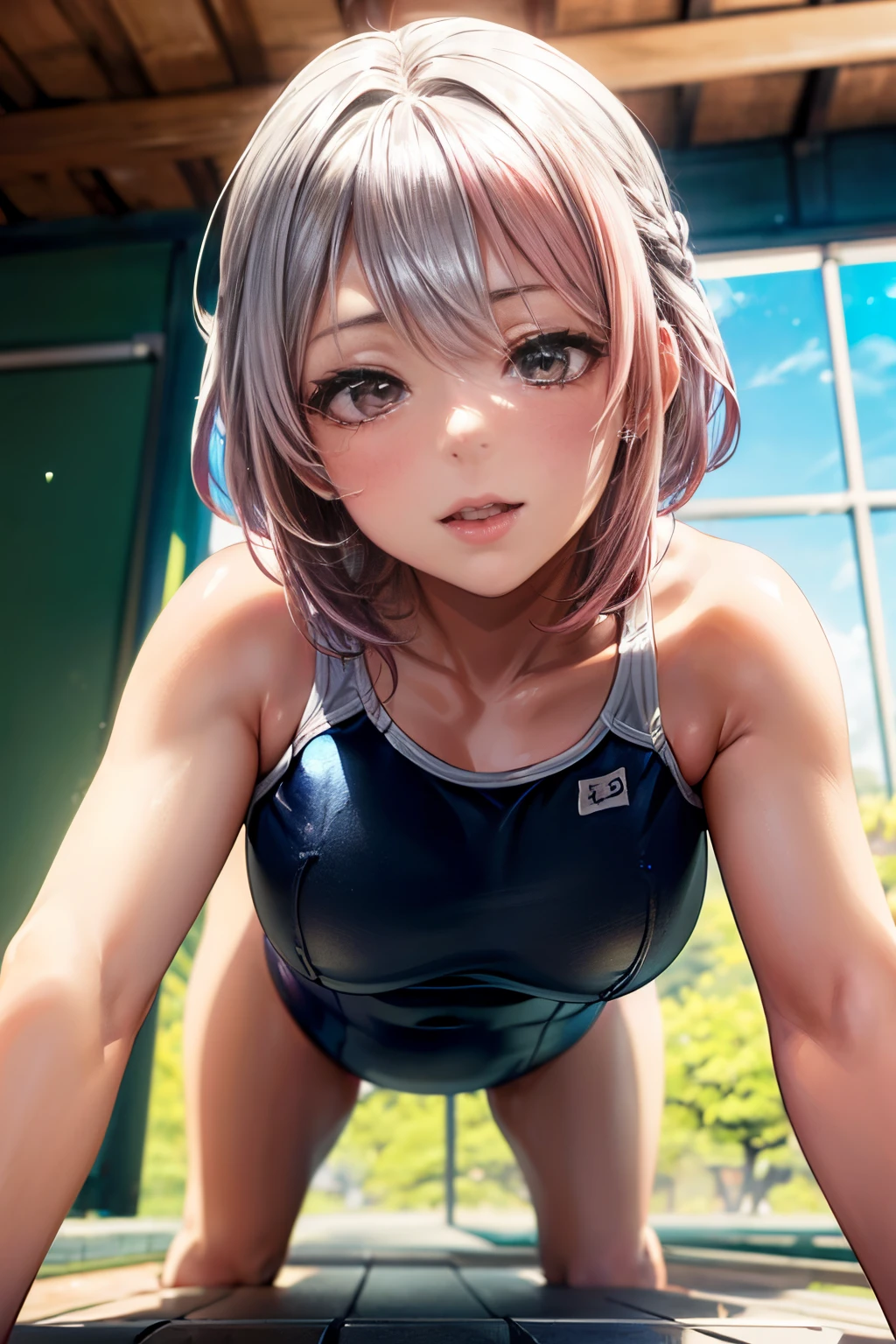 (female high-school student), NSFW, ((Metallic costume:1.5)), ((Anatomically correct hand:1.5)), Anime, Sexy, ((In Kyoto Animation Style:1.5)), super precision, ​masterpiece, very extremely beautiful, Princess Face, ((1人の女性)), ((Solo:1.5)), ((Pink hair:1.5)), ((BobKat 1.5)), BREAK, ((Black eyes)), short-cut, ((Straight hair)), BREAK, Full limbs, ((complete fingers:1.5)), ((silver school swimsuit:1.5)), BREAK, ((Skindentation)), Professional Lighting, (25-years old), Narrow waist, Shiny skin (Brown skin), ((Oiled skin)), glistning skin, Looking at Viewer, Cowboy Shot, ((Dynamic Pose:1.5)), Looking at the camera, Sexy, A slight smil, Slightly open mouth, Ultra-fine eyes, Ultra-fine face, ((thin lips:1.5)), Sexy, ((drooping eyes)), A slight smil, Sexy, ((portlate:1.5)), faces, Sexy, Looking at the camera, Colossal tits, under the cute face), ((all-fours:1.5)),