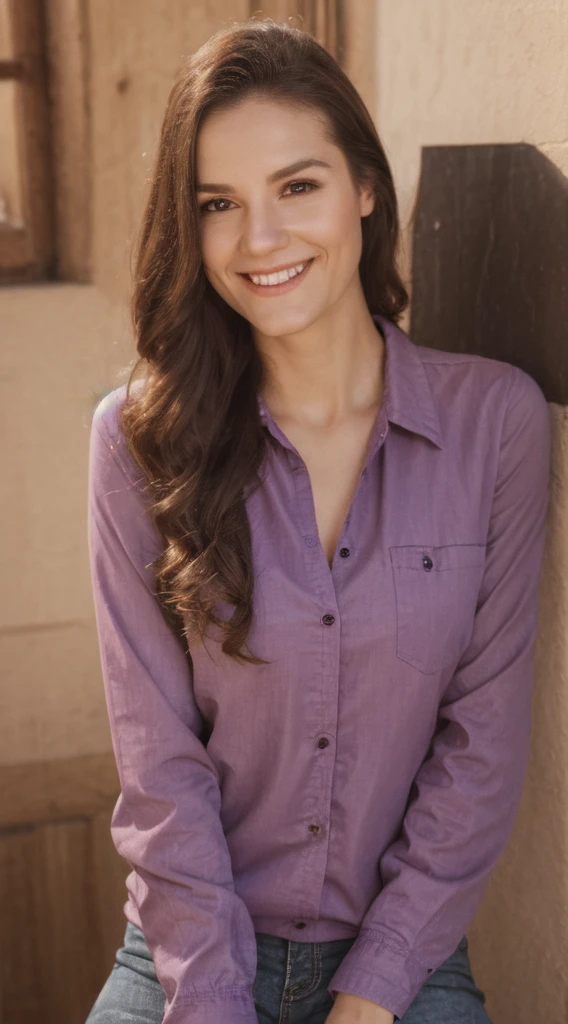 smiling woman with brown hair and a purple shirt and a brown jacket, stephanie welsh-katinka reinke-véronique meignaud-louise dalh wolfe-linn olofsdotter-jean james-sandra chevier-virginie ropars merged, entire body visible, full body, hyperrealistic, best quality, 8K, masterpiece, extremely intricate, detailed eyes, detailed face, detailed body, exaggerated features, pronounced features, fujifilm
