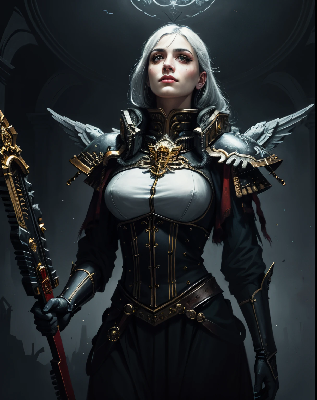 A painting of whsororitas, portait of adepta sororitas, masterpiece, 1 girl moody lighting, (sad), beautiful face, (looking up), looking to the ceiling, detailed eyes, dark iris and pupil, dark eyeliner, eyeshadow, goth makeup, white hair, candlelight, Warhammer 40k, grimdark
in the style of (Beksinski:1.3), Giger, Escher, dry brush, oil on canvas, dark fantasy art, vivid contrasts, vibrant colors, dry brush,
angel