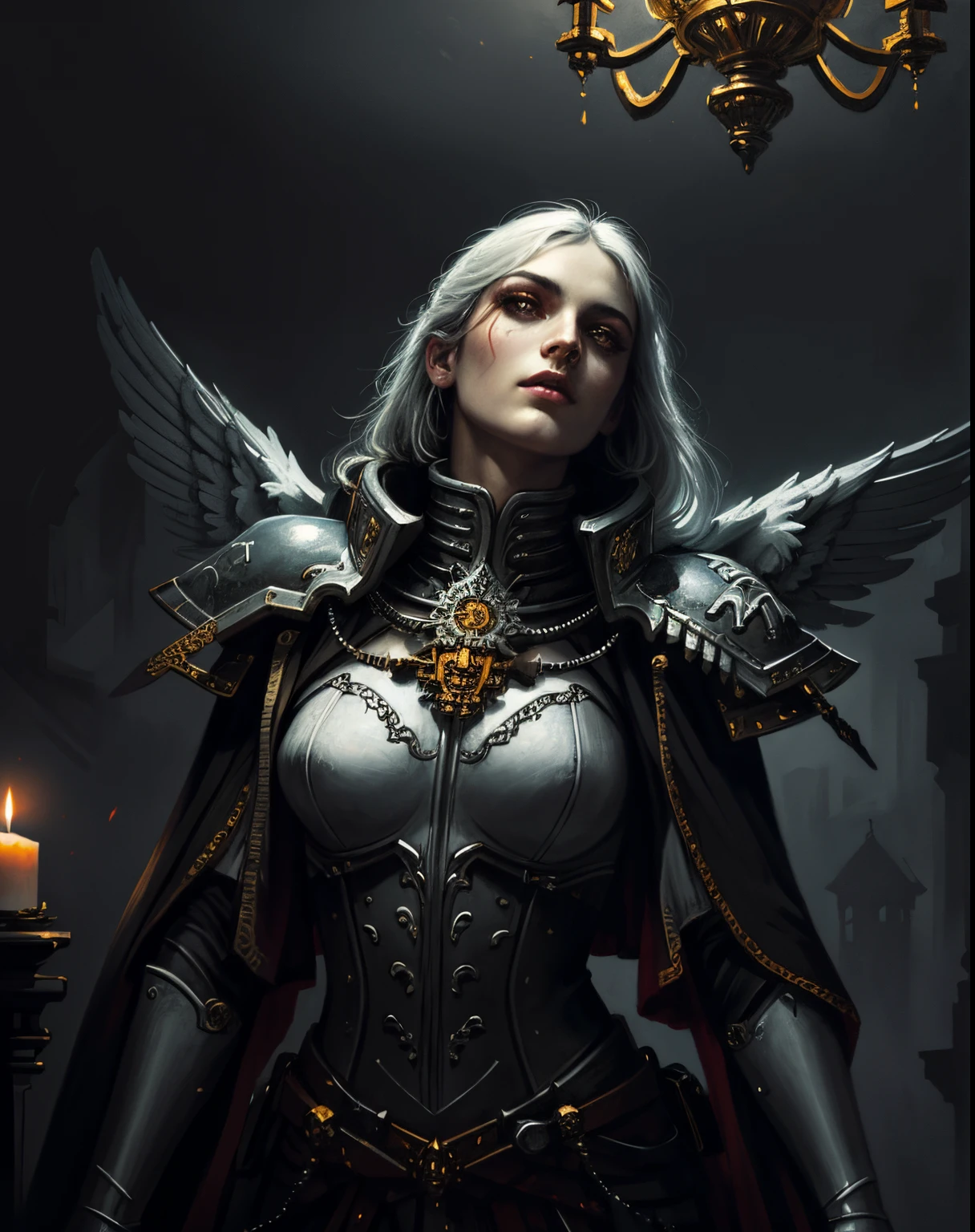 A painting of whsororitas, portait of adepta sororitas, masterpiece, 1 girl moody lighting, (sad), beautiful face, (looking up), looking to the ceiling, detailed eyes, dark iris and pupil, dark eyeliner, eyeshadow, goth makeup, white hair, candlelight, Warhammer 40k, grimdark
in the style of (Beksinski:1.3), Giger, Escher, dry brush, oil on canvas, dark fantasy art, vivid contrasts, vibrant colors, dry brush,
angel