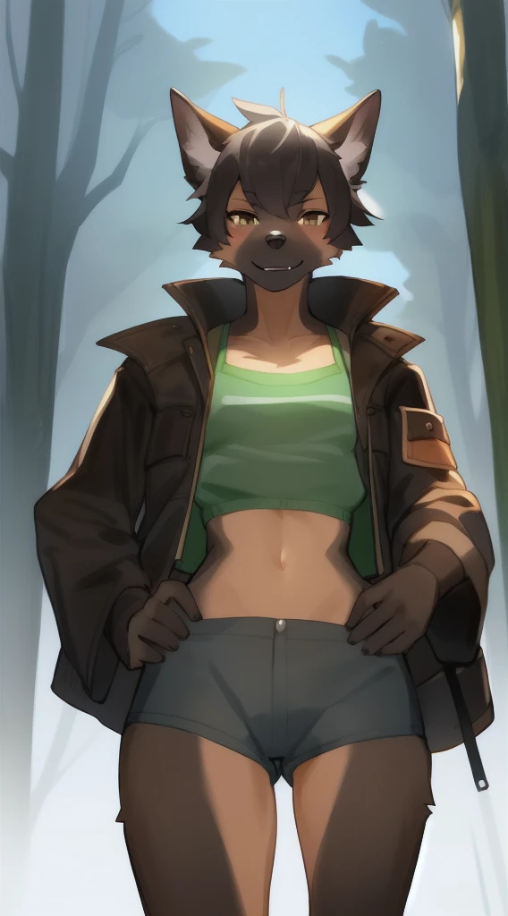 独奏, (A girl:1.2), , eye liner, lips, Short shorts, Jacket with long sleeves, Adventure Clothing, dnd, Author: Bebebebebe, Belgian Shepherd Groenendael, black fur color, Fluffy, Black lip gloss, Short Hair Hair, small waist, wide hips, Slim, the perfect body, dominant posture