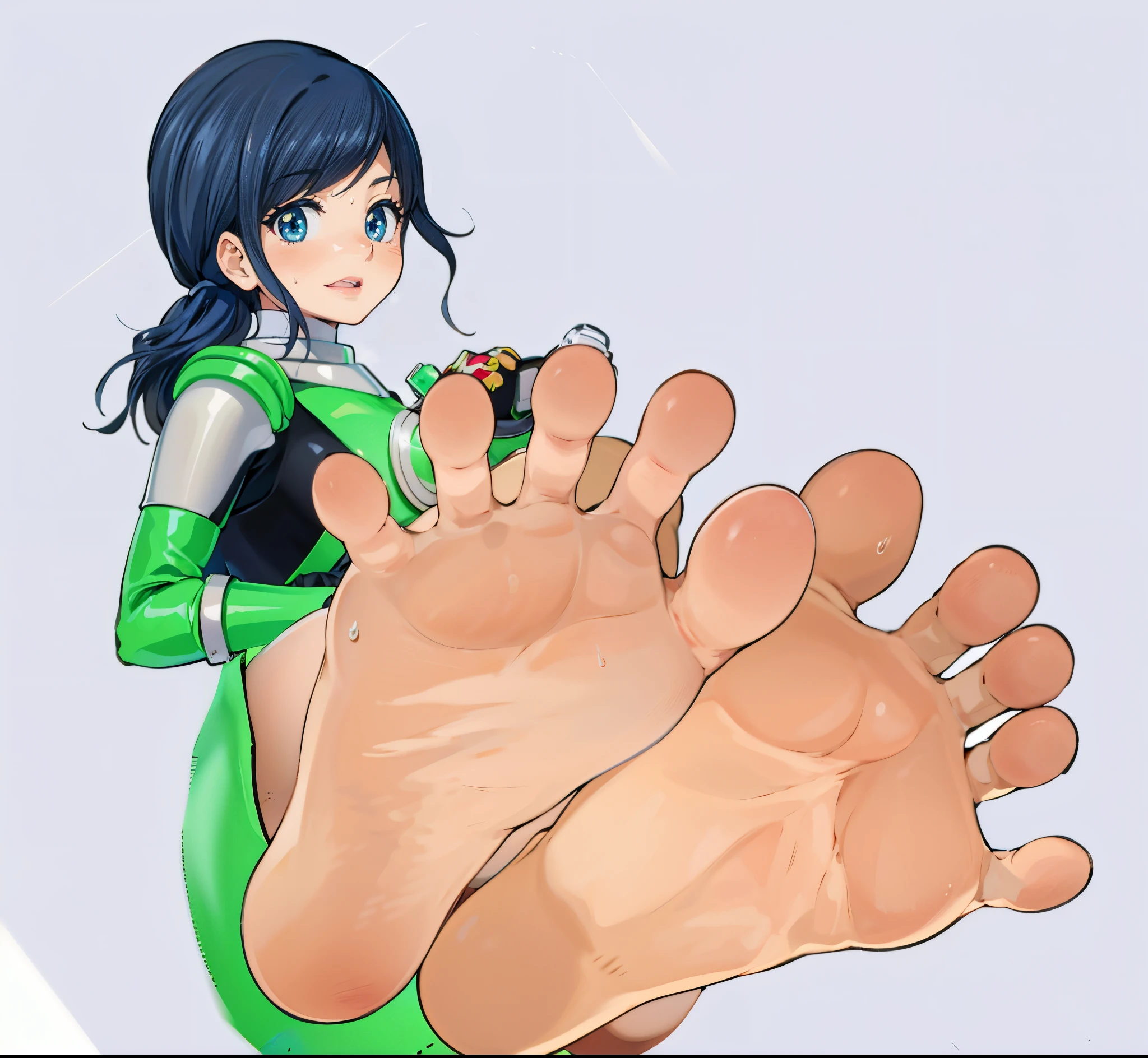 giantess art, detailed foot pov, Foot Art POV, soft anime illustration, big legs, anime highly detailed, mid view from below her feet, digital anime illustration, The art of the foot, high soles, digital anime art!!, feet posing, SFW version, digital manga art, sole of feet, Close-up of the sole of the foot, Sentai Heroine, Uchu Sentai Kyuranger, chameleon green, Smelly, Sweaty feet