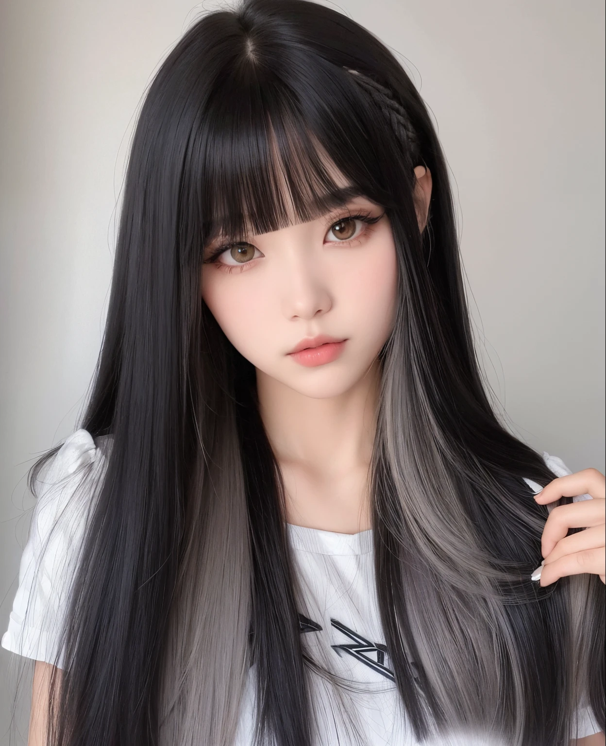 mulher arafada com fones de ouvido posando para uma foto, Ulzzang, cabelo longo com franja cheia, cabelo longo com franja, cabelo longo e escuro com franja, ela tem cabelo preto com franja, garota de anime na vida real, cabelo arrumado com franja, brown cabelo longo com franja, cabelo preto longo com franja, Franja reta longa, coreana