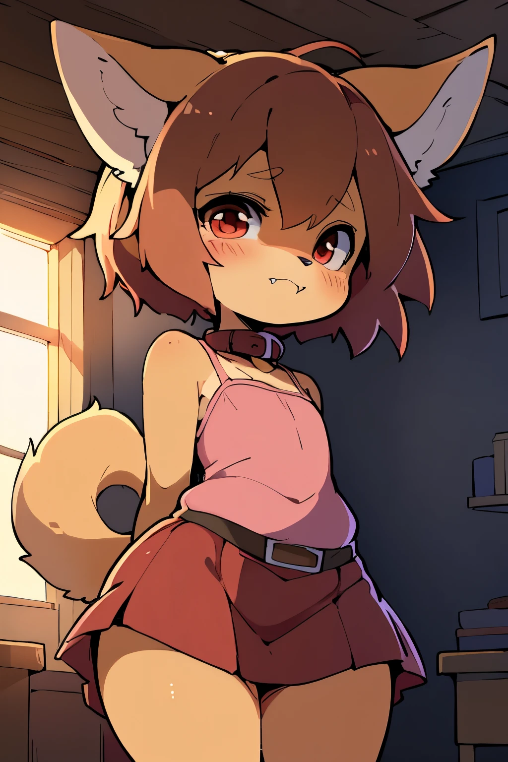 (, anthro, fennec fox, small hair, small ahoge, light brown hair, small snout, flat chest, fox tail, little thighs, ((long fur, yellow fur)), round head, round chin, small fangs and big red eyes) wearing (brown collar, pink blouse, red skirt, long skirt, leather belt), back, looking behind, by dagasi, by diives