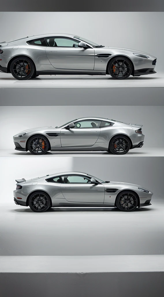 A silver Aston Martin DB12 in white background from left view