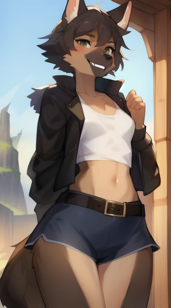 独奏, (A girl:1.2), , eye liner, lips, Short shorts, Jacket with long sleeves, Adventure Clothing, dnd, Author: Bebebebebe, Belgian Shepherd Groenendael, black fur color, Fluffy, Black lip gloss, Short Hair Hair, small waist, wide hips, Slim, the perfect body, The dominant point of view, predatory smile, combat pose