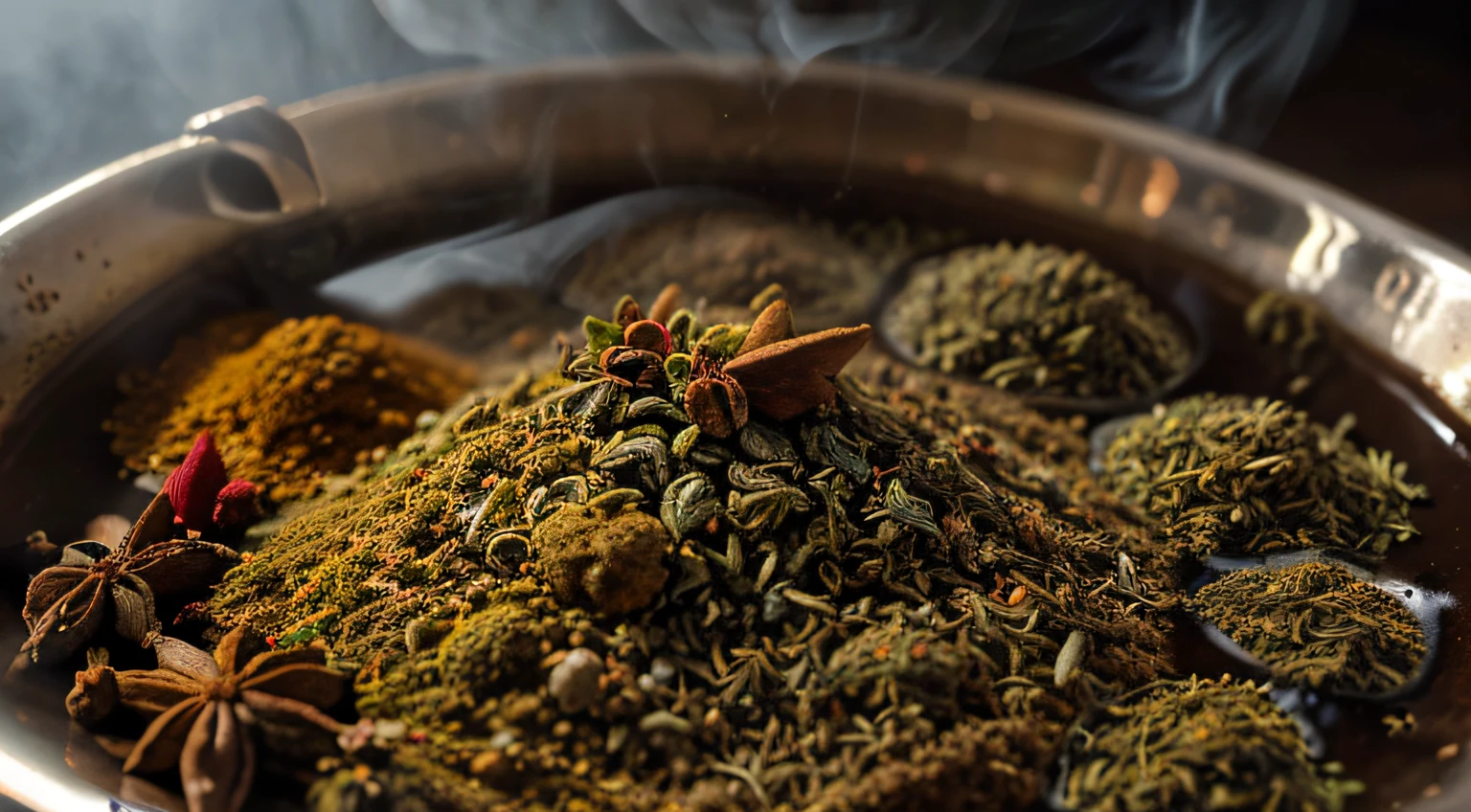 Imagem de (((Tea with different spices))), sendo colocado em um copo, with a kettle emitting smoke showing various ingredients of what it is made of, I really want clarity with every possible detail in this image.