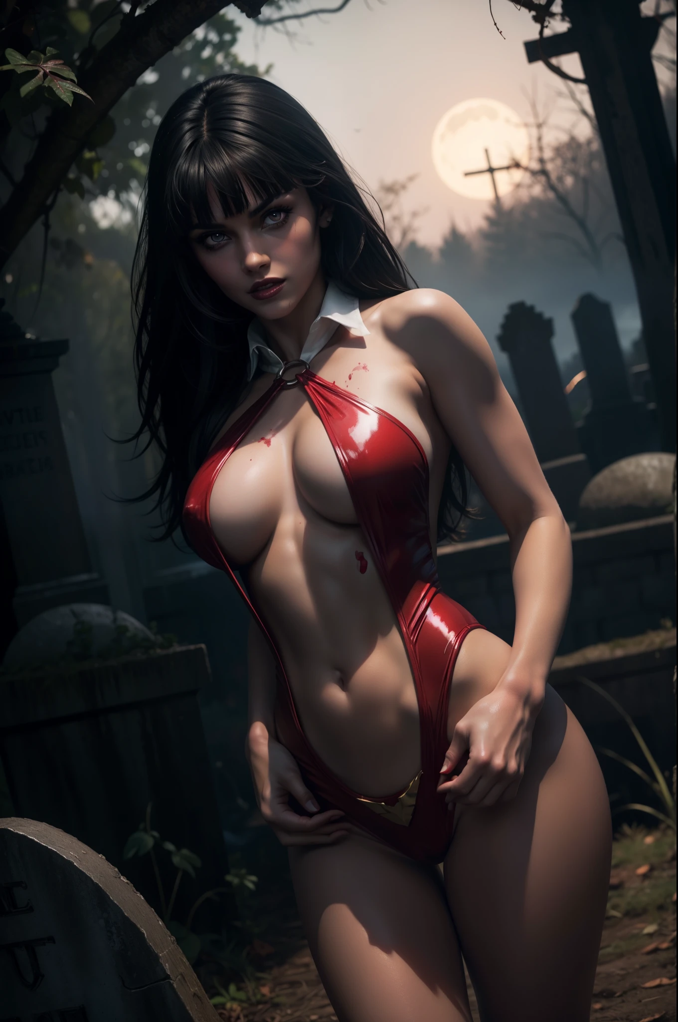 sexy vampirella wearing a deep V red swimsuit, blood splatter, nighttime in graveyard, oily shiny skin, athletic and fit body, naughty, slutty, perfect hands, detailed hands, perfect eyes, detailed eyes,  flirty, sexy, naughty, large perky boobs, realistic, HDR, UHD, dynamic, front view, dark outside. moonlight, glowing red eyes