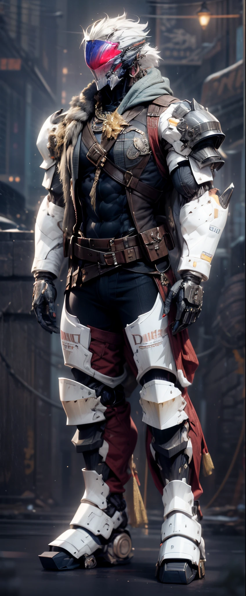(((An epic and visually stunning digital anime masterpiece featuring a sylphlike masculine ((male:1.5)) decorated military dieselpunk cyborg soldier clad in a sleek yet tactical armored yet decorated leather military trench coat:1.2))), (((flat masculine male chest:1.5, full head covered by a mechanical mecha knight helmet with a narrow visor:1.5))), (((the character adorned in a (scifi tactical armored open front trench coat with a built in exoskeleton) (over a form fitted armor plated yet super sleek and revealing under suit with waist cut outs), the armor plating on the upper arms and shoulders beautifully engraved))):1.4. The image showcases the intricacies of the character’s armor and clothing:1.5, ((capturing their flamboyant essence and heavy mecha aesthetic:1.2)). The character also possesses an androgynous charm, (((with slim yet heavily muscled physique:1.2, sylphlike with a sleek waist, toned yet beautifully sleek cybernetic arms:1.3, mechanical arms and legs:1.3, mecha muscles:1.3))), looking at viewer, (((brass metal armor and brown leather, dieselpunk:1.3))), (((depth of field, cinematic lighting, chromatic aberration, ray tracing, UHD, masterpiece, no hair, super detail, high details, high quality, award winning, 8k, highres)))