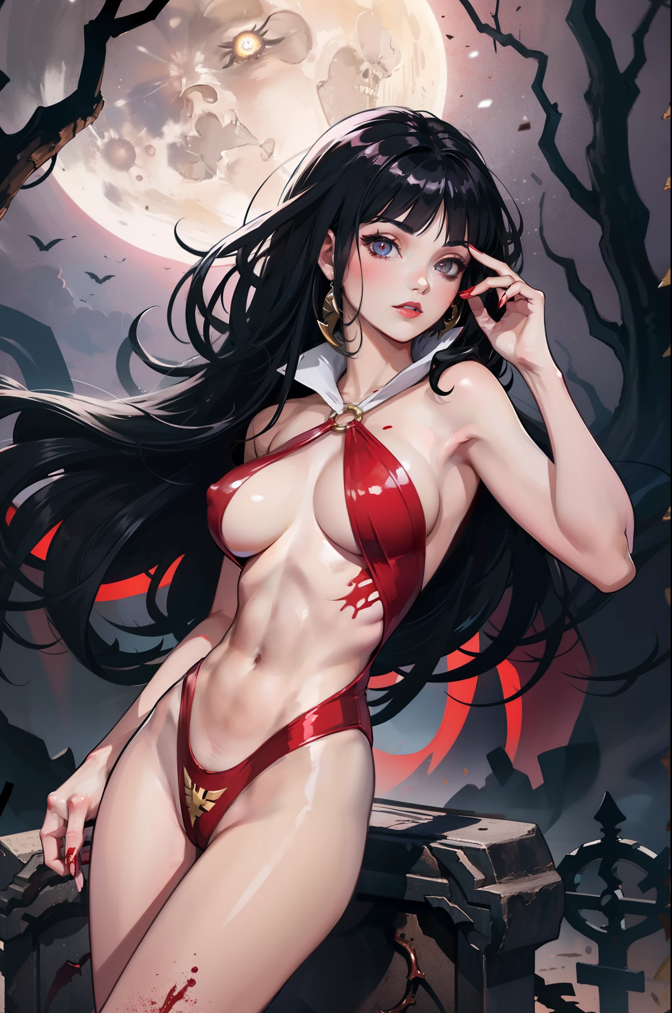 sexy vampirella wearing a deep V red swimsuit, blood splatter, nighttime in graveyard, oily shiny skin, athletic and fit body, naughty, slutty, perfect hands, detailed hands, perfect eyes, detailed eyes,  flirty, sexy, naughty, large perky boobs, realistic, HDR, UHD, dynamic, front view, dark outside. moonlight, glowing red eyes