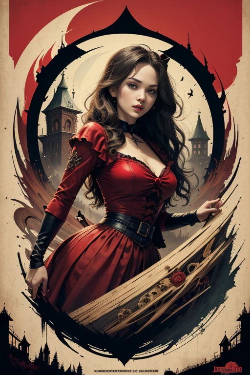 (masutepiece, Best Quality), 8K Wallpaper, Highly detailed, poster for, Little Red Riding Hood, Sexy, Erotic, wolf, Gothic, Horror, Russians, Horror Thriller Movie Poster, German Expressionism, shapes, lines, Abstract, propaganda, Gothic, Cinematic poster, Vintage, In the style of Frank Frazetta, low  angle shot、Jennifer Lawrence