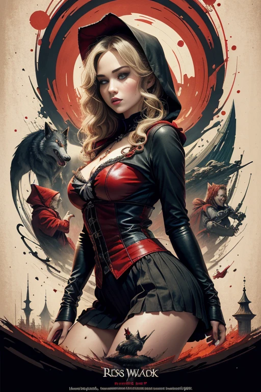 (masutepiece, Best Quality), 8K Wallpaper, Highly detailed, poster for, Little Red Riding Hood, Sexy, Erotic, wolf, Gothic, Horror, Russians, Horror Thriller Movie Poster, German Expressionism, shapes, lines, Abstract, propaganda, Gothic, Cinematic poster, Vintage, In the style of Frank Frazetta, low angle shot、Jennifer Lawrence