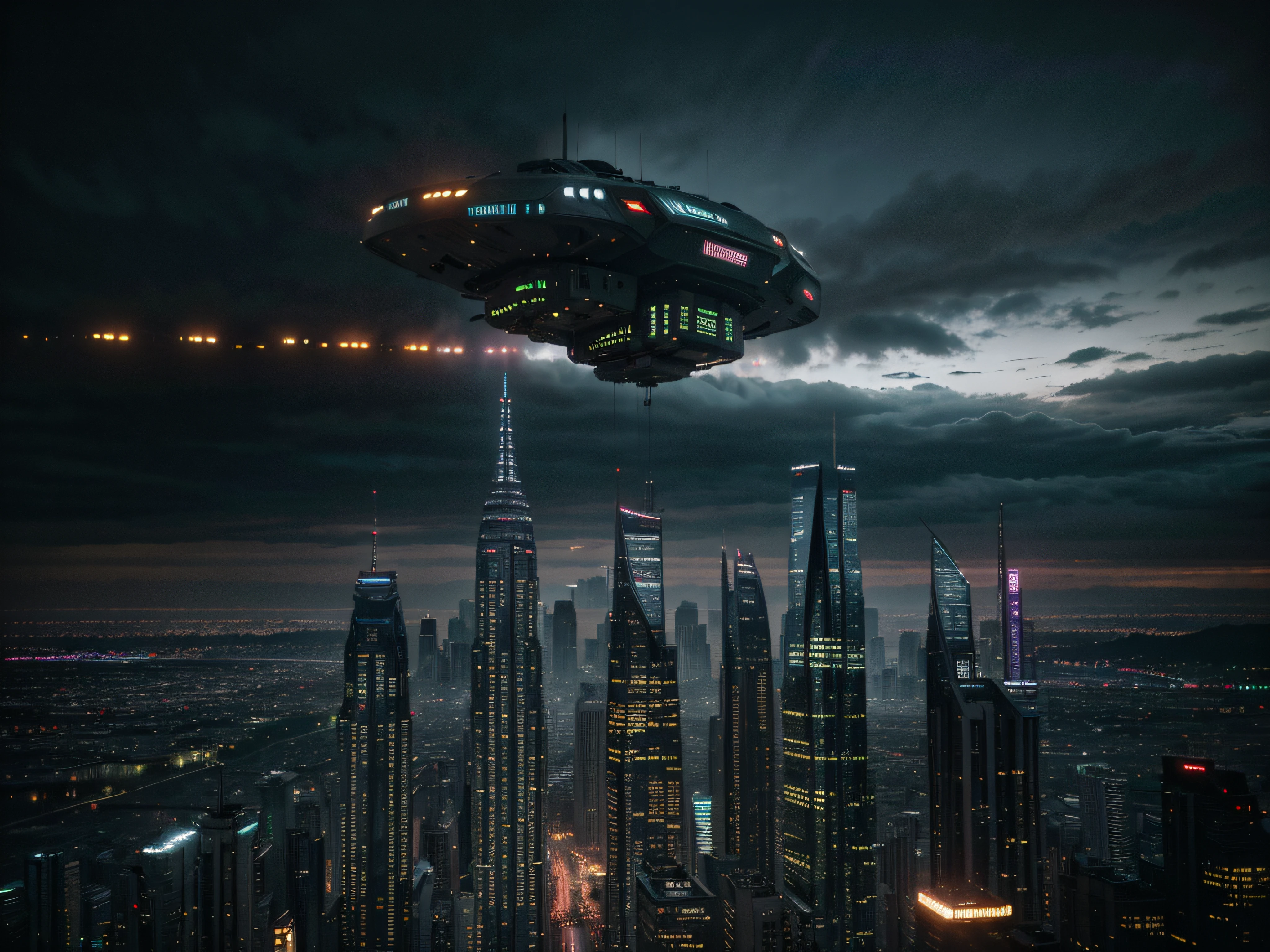 trees, nature, feel good inc, scenic, cyberpunk, dark, futuristic, abstract, future civilization, buildings, post apocalyptic, gorillaz, technology, detailed, high quality photography, dark grey tint, epic city, amazing, flying vehicles, cinematic, inner city, downtown,