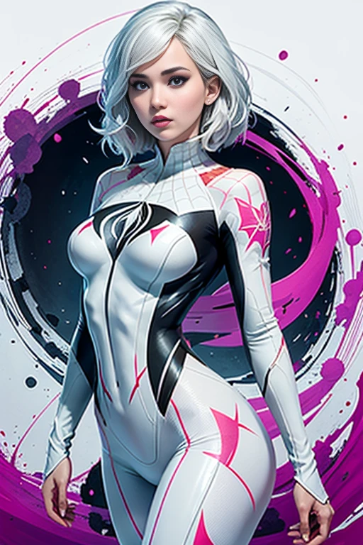 spider gwen, Hot, partial , hightquality, Dynamic Poses, Beautiful, Gorgeous, In love, White hair, Short suit, spider in a suit, white black red suit、Jennifer Lawrence