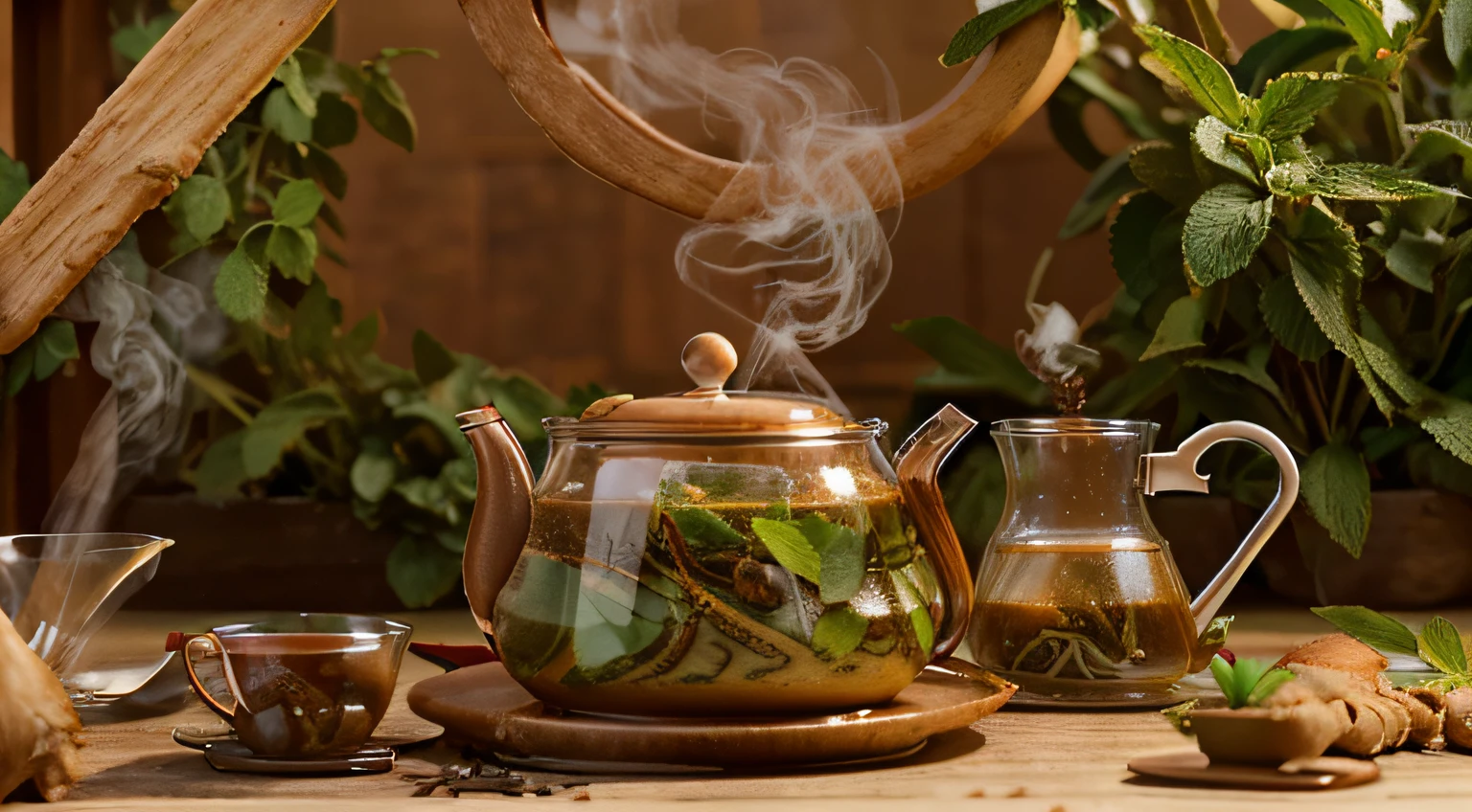 Imagem de (((Tea with ginger, canela, Mint))), sendo colocado em uma xicara, with a kettle smoking showing various ingredients of what it is made of, quero muito nitidez com todos os detalhes possiveis nesta imagem.